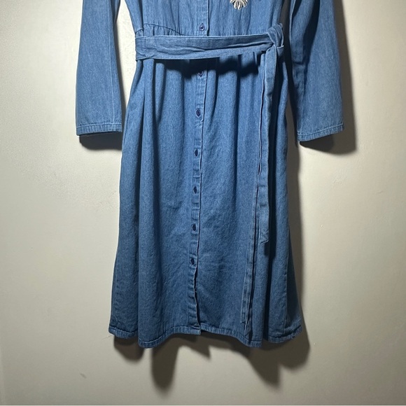 Vintage Denim Moves Midi Floral Embroidered Denim Dress with Belt Size Large - Picture 3 of 5